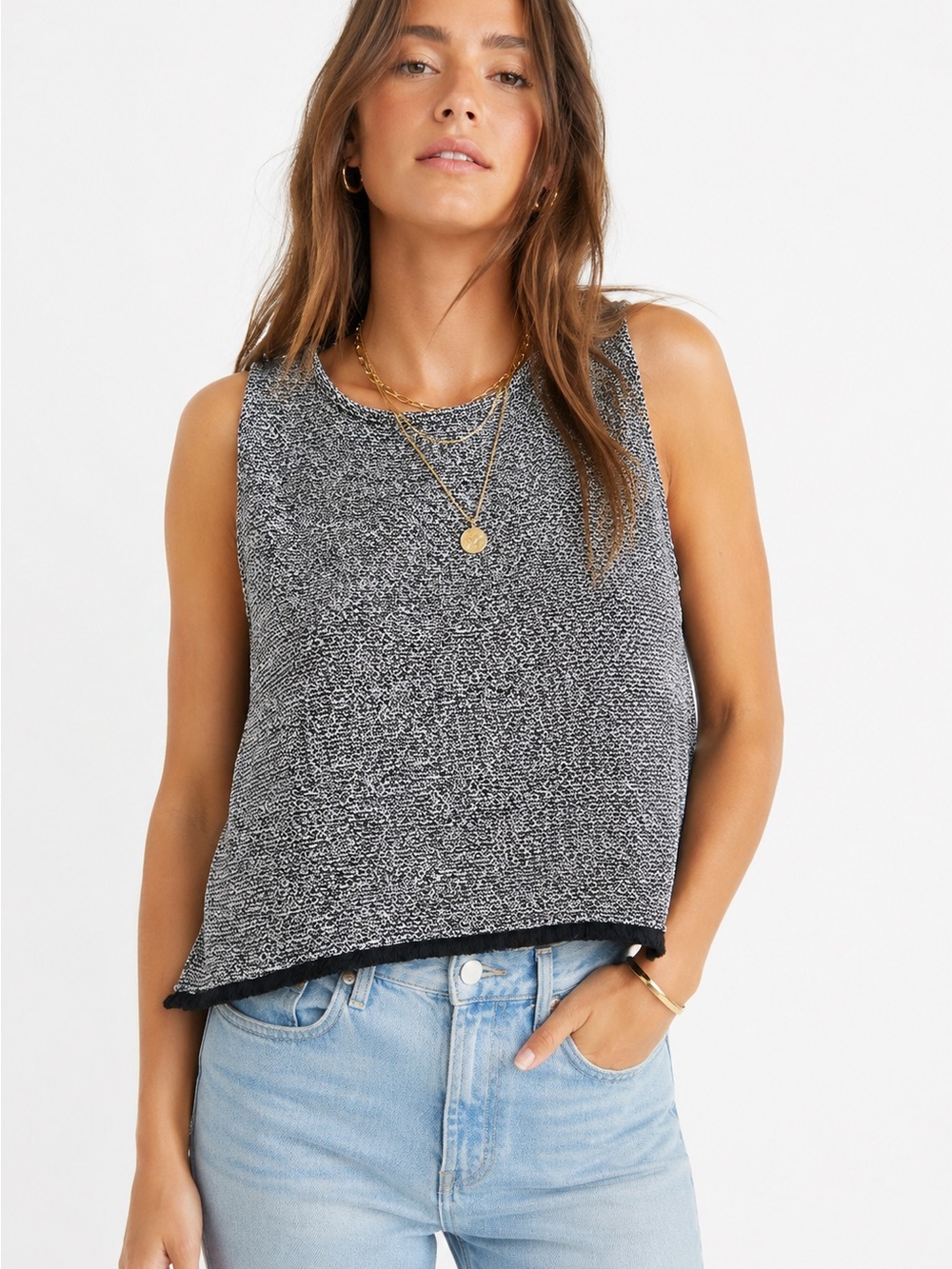 Madewell Fringe Hem Sweater Tank Small Black White Textured Marled Knit